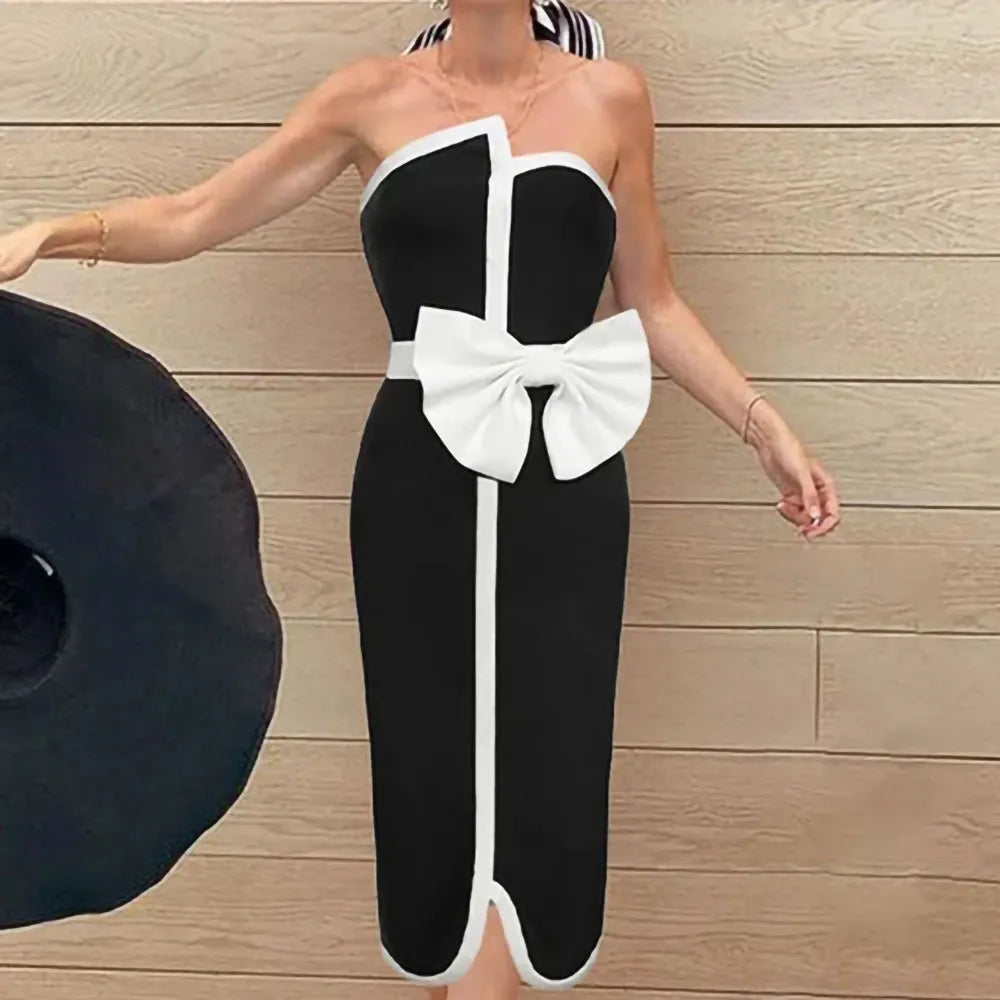 Black & White Spliced Swimsuit Women'S Elegant Tube Top Bow Belt Bikini Irregular Hip Beach Skirt Vintage Pool Swimwear