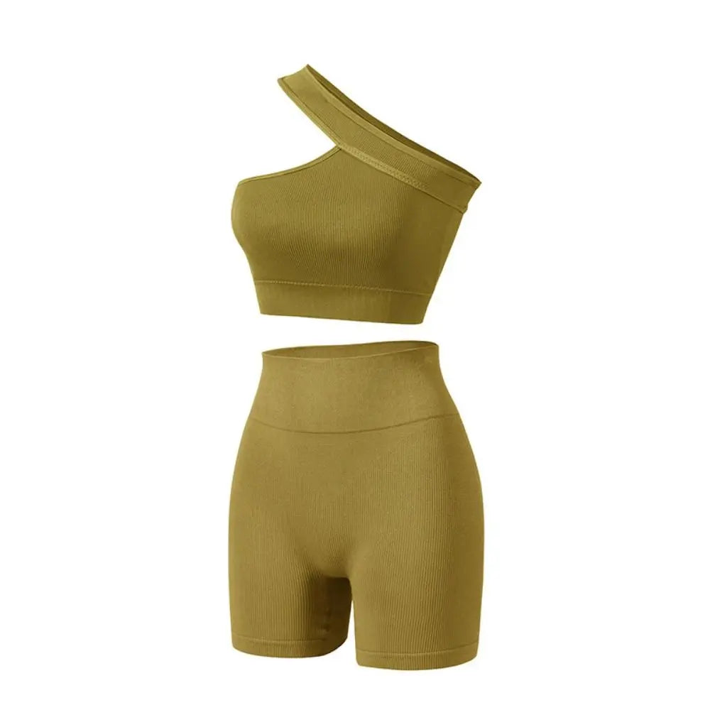 2Pcs Seamless Women Workout Sets Casual High Waist One Shoulder Yoga Outfits Tank Tops Ribbed Sports Bra Gym Yellow