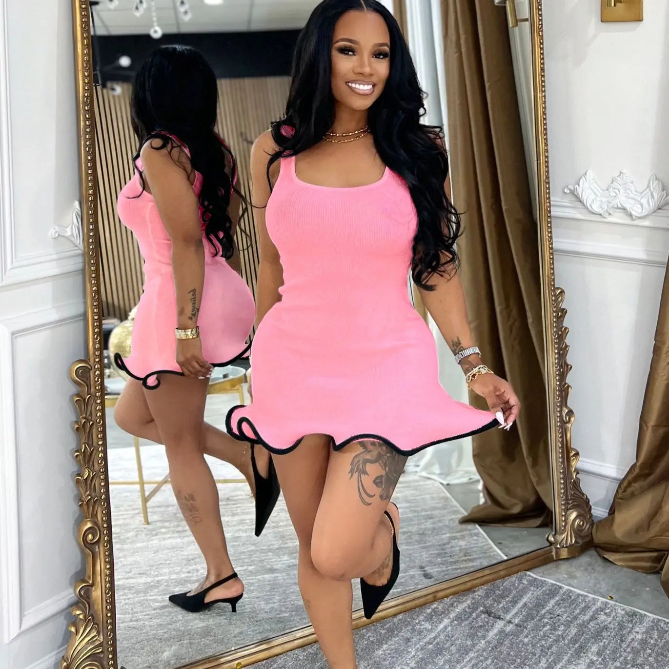 CM.YAYA Women Sleeveless O-neck Tank Mini Dress 2025 Summer Slim Sexy Sweet Club Party Evening High Street Ruffles Dresses