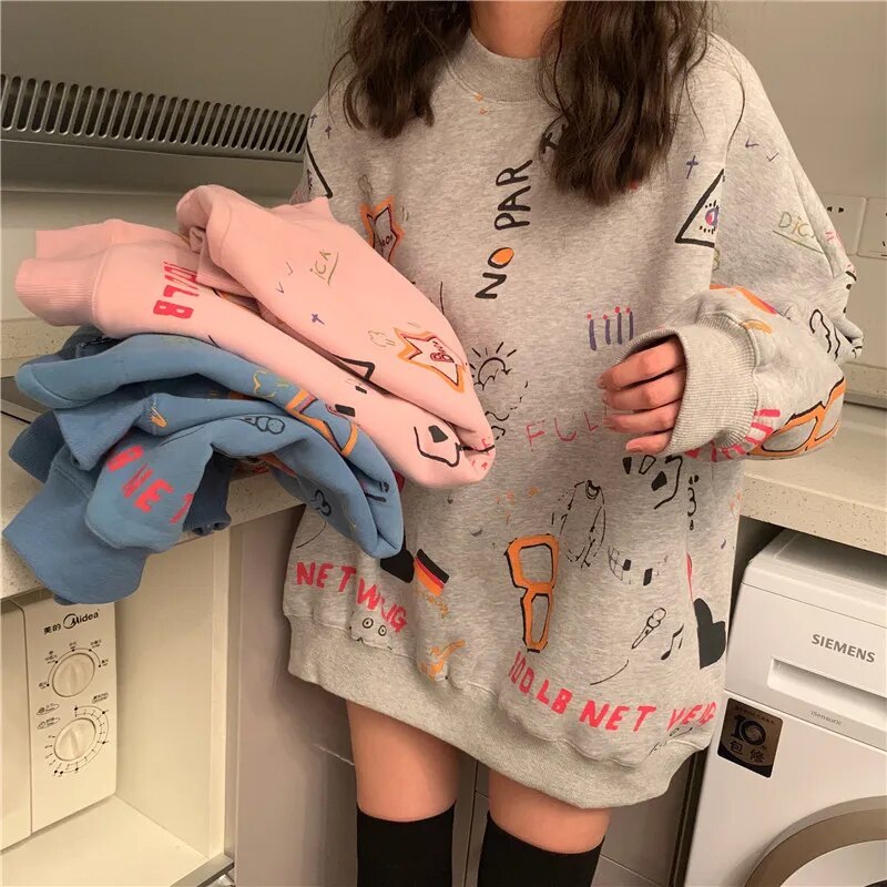 Women Sweatshirts Graffiti Pullover Tops Loose Long Sleeves Female Fashion Streetwear 2024 Autumn Winter Casual Hoodies