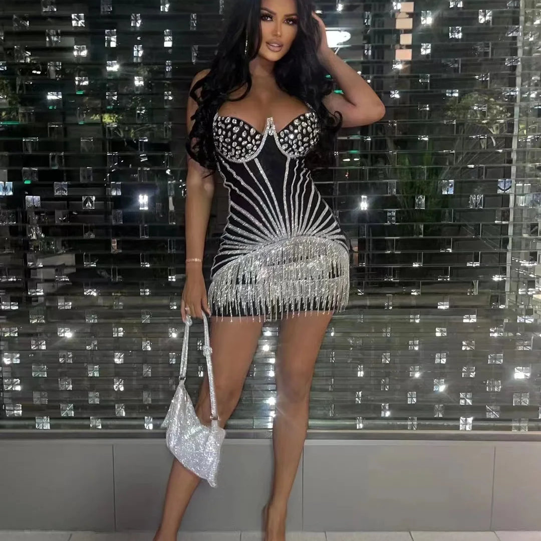 Top Hand-make Sparkly Rhinestones Women Sexy Halter Bodycon Mini Dress Chain Nightclub Bar Singer Performance Costume black