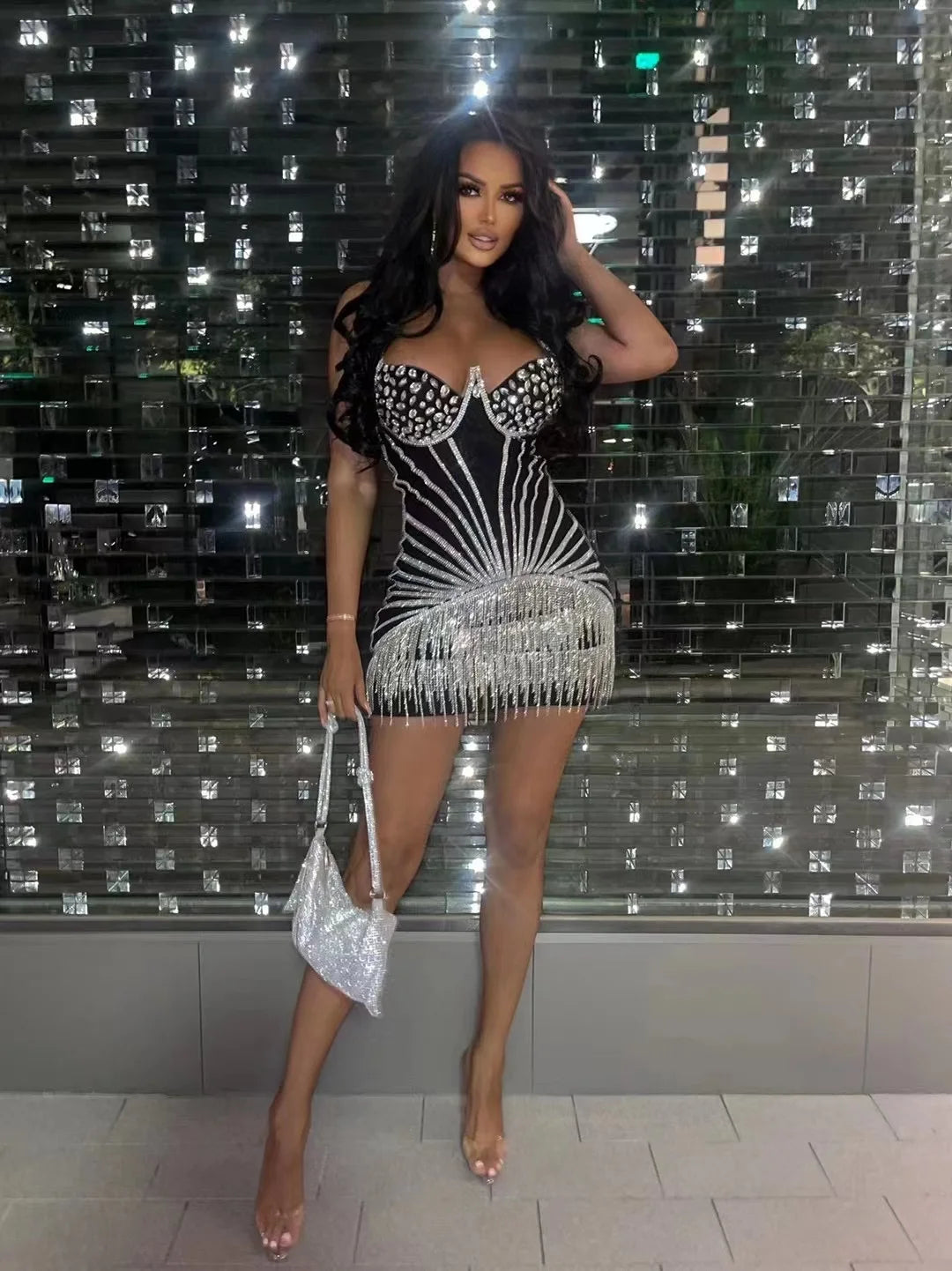 Top Hand-make Sparkly Rhinestones Women Sexy Halter Bodycon Mini Dress Chain Nightclub Bar Singer Performance Costume black