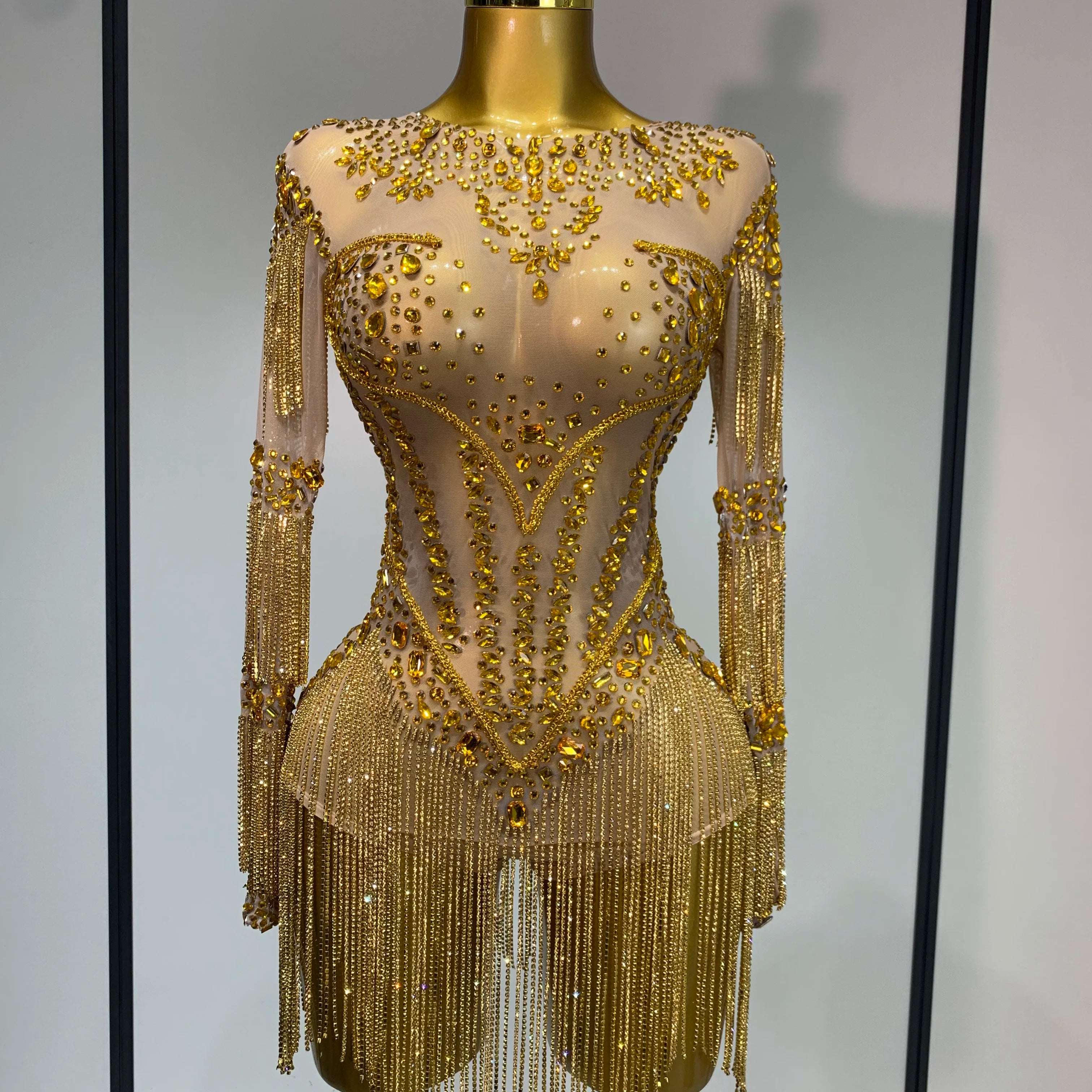 Luxury Birthday Evening Party Gown Sparkly Rhinestone Bodysuit Women Sexy Mesh See Through Performance Dance Stage Costume Gold