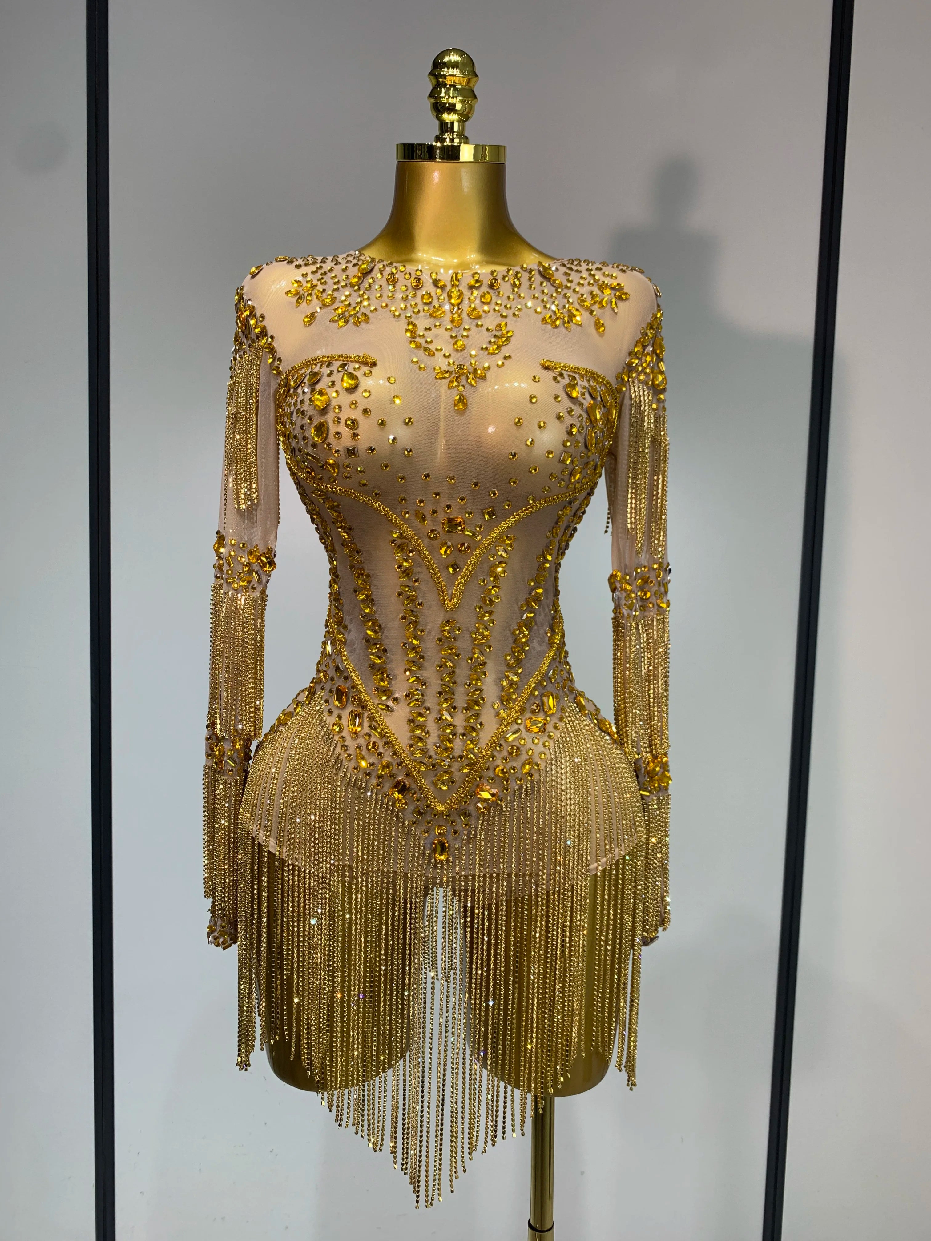 Women Sexy Mesh See Through Performance Dance Nightclub Rompers Singer Stage Outfit Sparkly Rhinestone Bodysuit Birthday Wear Gold