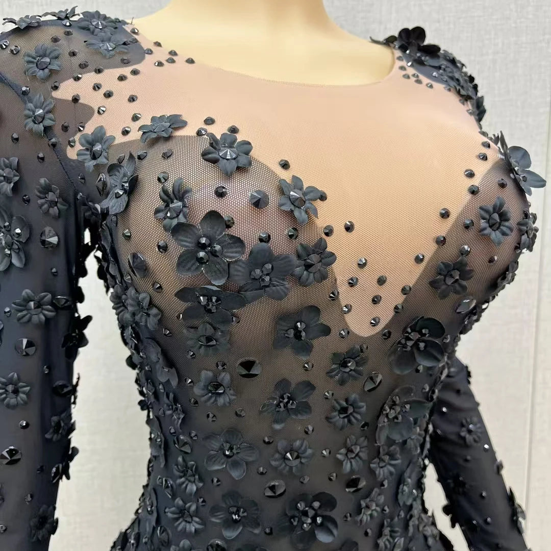Shine Rhinestone Black Evening Dress Sheer Mesh Tight Fitting Flower Long Dress Elegant Mysterious Party Sexy Women Dress Cunjie