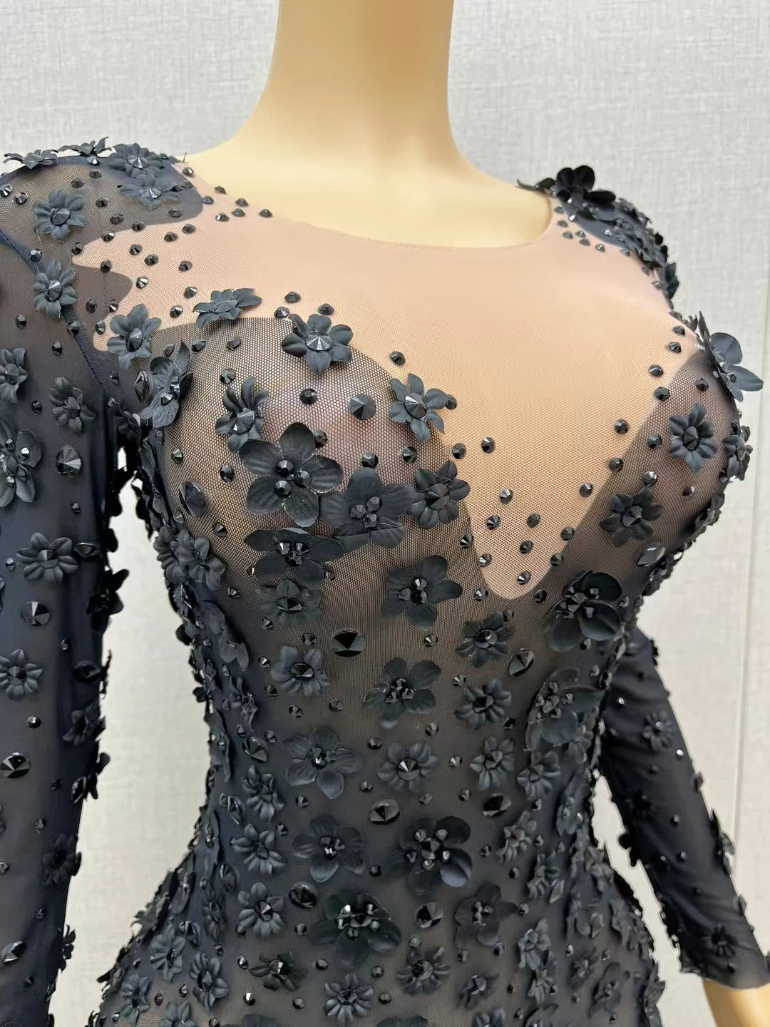Shine Rhinestone Black Evening Dress Sheer Mesh Tight Fitting Flower Long Dress Elegant Mysterious Party Sexy Women Dress Cunjie