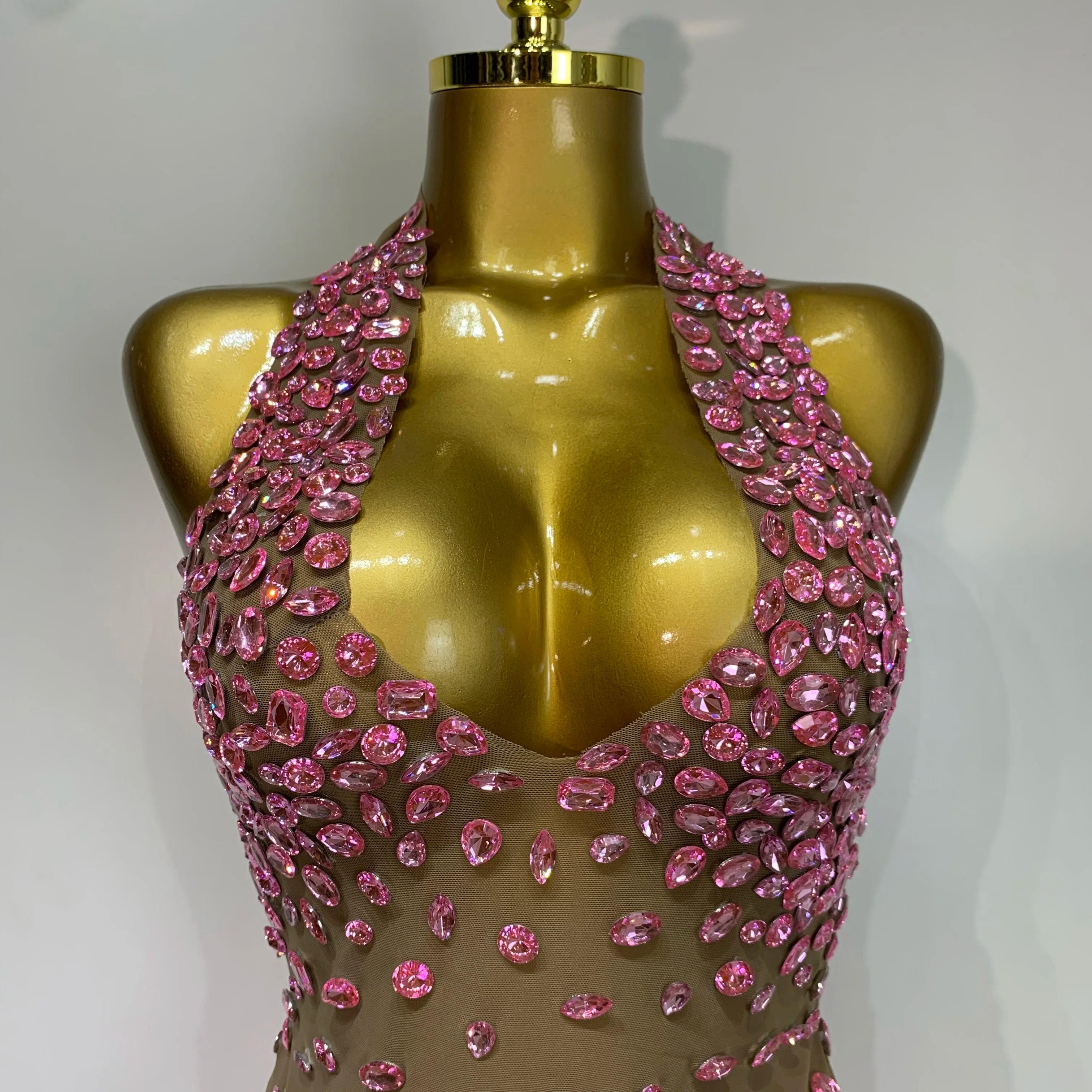 Luxury Rhinestones Backless Mini Dress Women Sexy Mesh Transparent Celebrate Evening Birthday Photo Shoot Perform Stage Outfit