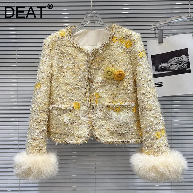 Winter New High-End Fashion Fox Fur Sleeve Tweed Cotton Liner Short Coat For Women Elegant Jacket Female 11A07868
