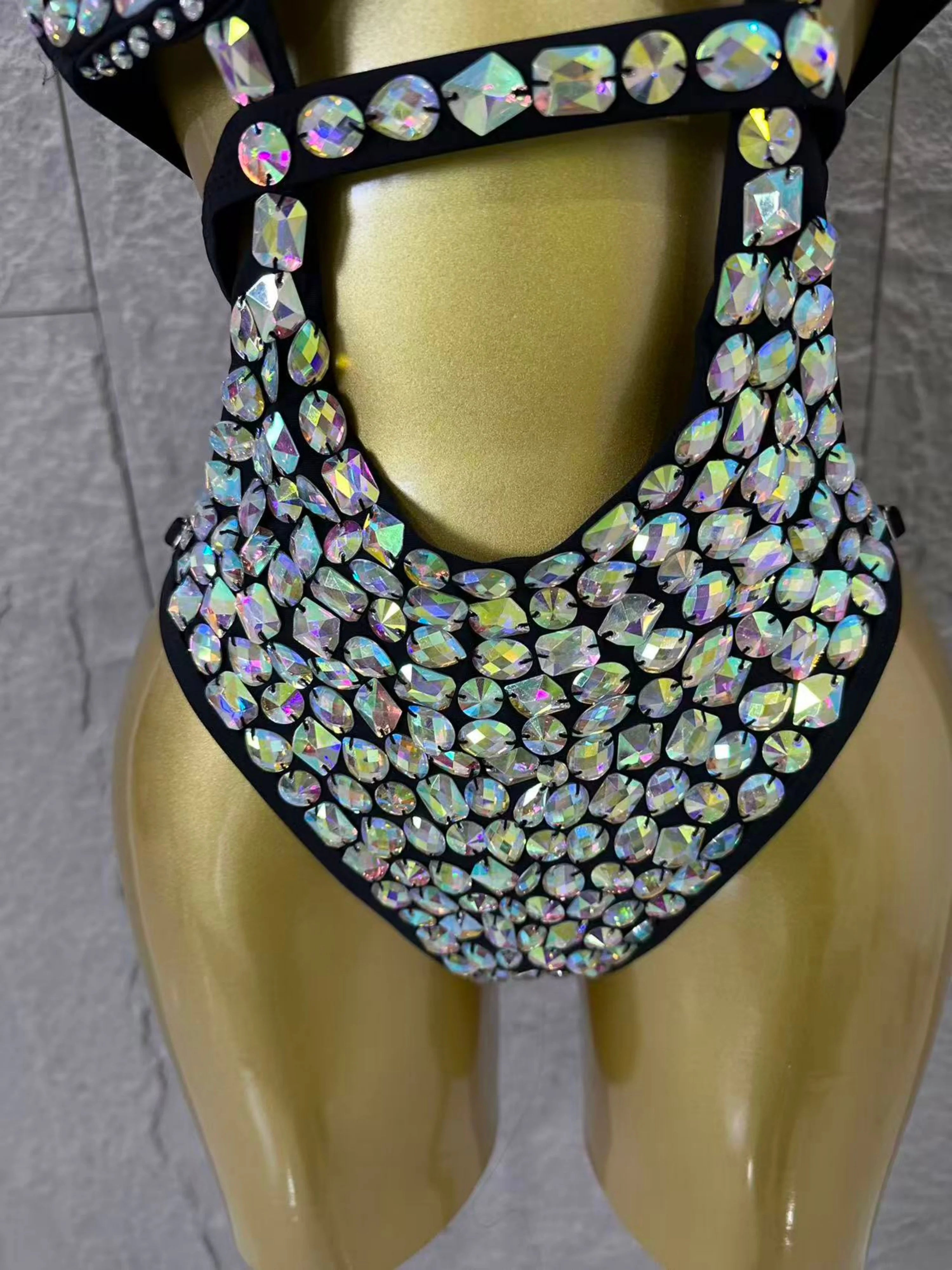 Gold Luxurious Black Bodysuit Women Sexy Halter Neck Iridescent Crystal Embellished Cutout Outfit Stage Performance Costume