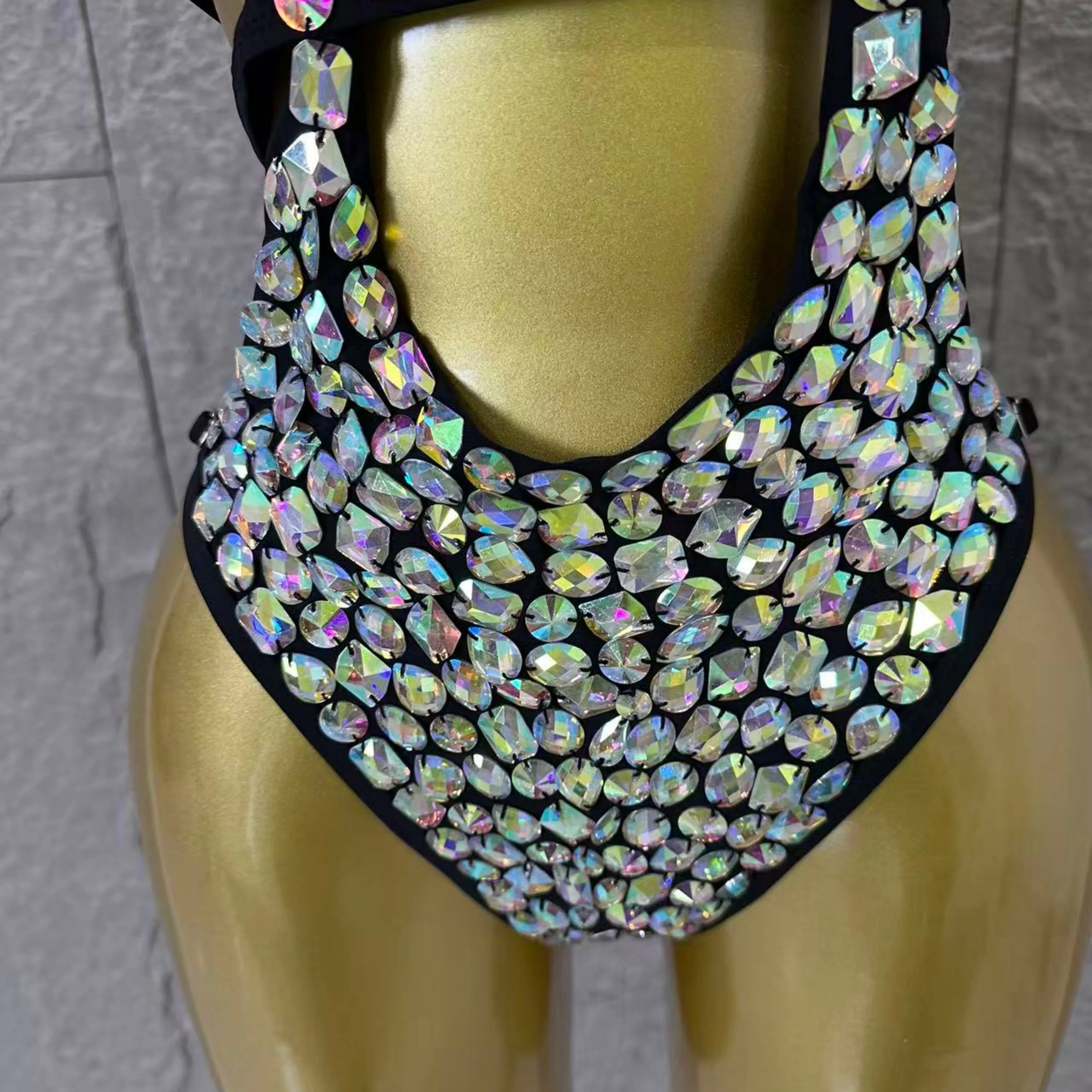 2026 Luxurious Black Bodysuit Women Sexy Halter Neck Iridescent Crystal Embellished Cutout Outfit Stage Performance Costume