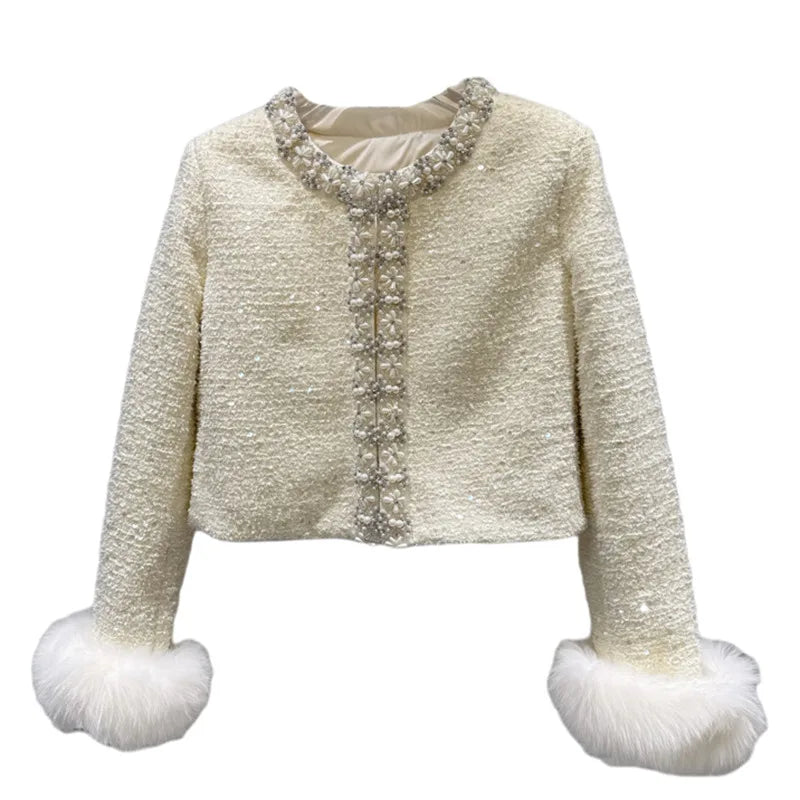 Winter New Fashion Elegant Fox Fur Sleeve Rhinestone Edge Cotton Inner Short Coat For Women High Waist Jacket 11A07769