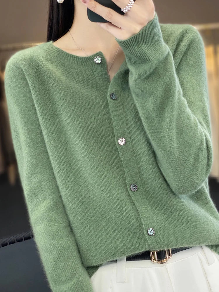 Aliselect Autumn Winter Women 100% Merino Wool Sweater O-Neck Tops Long Sleeve Basic Cashmere Knitwear Cardigan Clothing Coat Turquoise