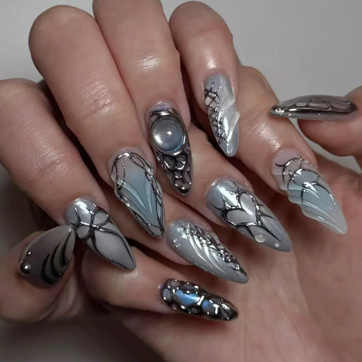 24pcs Long Stiletto Press on Nails Gradient Blue Full Cover Wearable Almond False Nails with Bow Rippled Design Fake Nail Sets W1951
