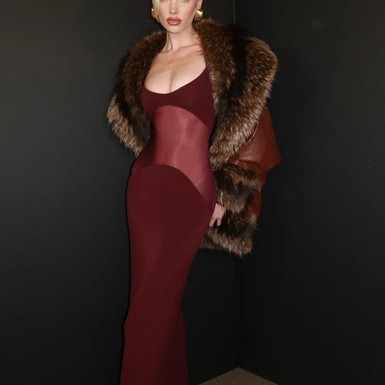 Burgendy See Through Mesh Patchwork Long Dress 2025 Summer Backless Skinny Tight Maxi Bodycon Cocktail Party Wear Vestidos