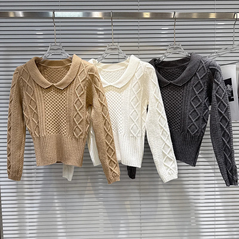 Winter New Fashion Style Lapel Edge Pattern Short Knitted Sweater For Women Solid Color Slim Fit Pullover 11A07925
