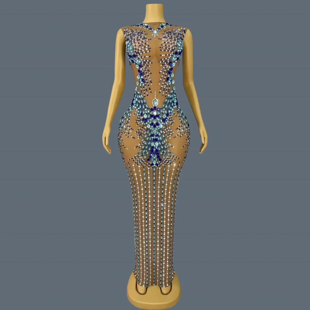 Sparkling Rhinestone See Through Mesh Evening Gown Birthday Celebrate Prom Sexy Long Dress Nightclub Cocktail Party Lantianyise as shown