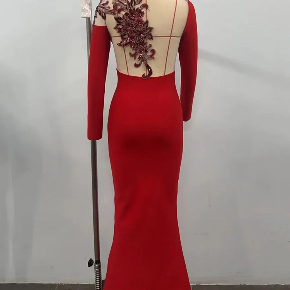 2024 Sexy Women Christmas Dress O-neck Long Sleeve Gauntlet Heavy duty sequin Flower Design Bodycon Backless Long Dress Vestidos