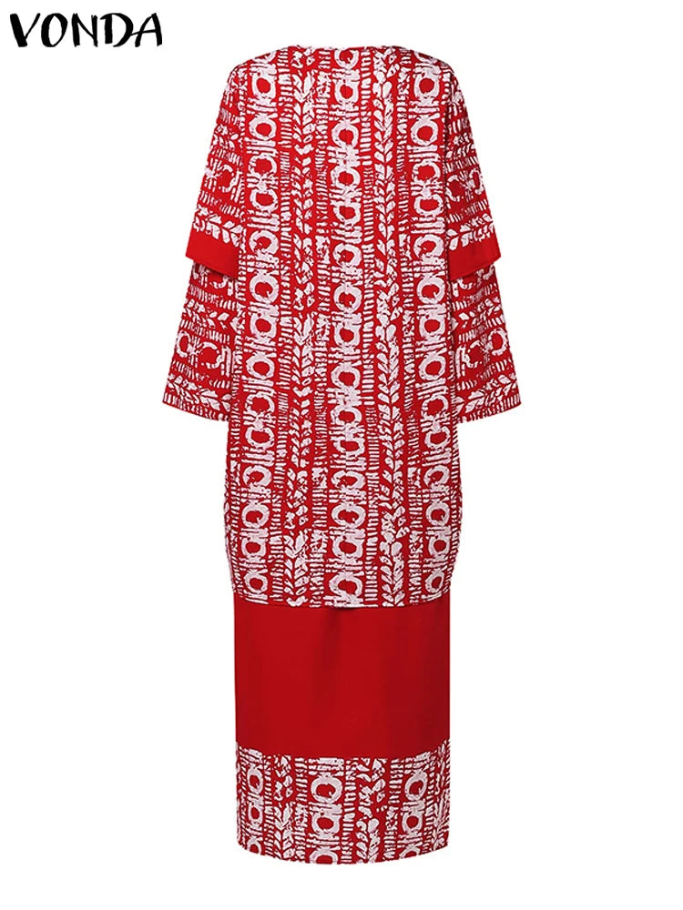 Plus Size 5XL VONDA Women Sets 2024 Bohemian Printed Outfits Elegant Long Sleeve Top+Half Skirt Two-Piece Sets Casual Loose Suit