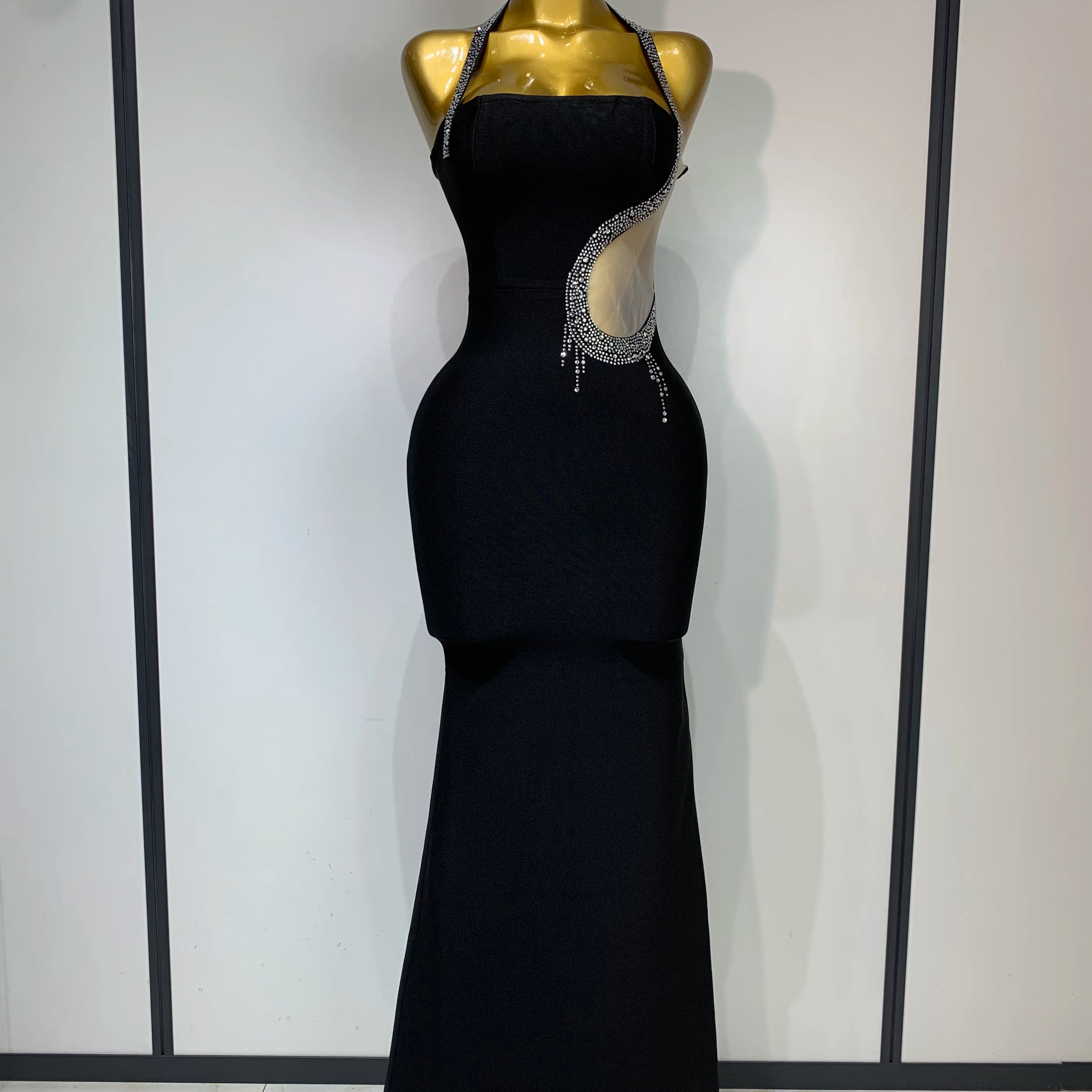 Women Sexy Rhinestone Halter Long Bandage Bodycon Dress 2025 Celebrity Elegant Evening Party Luxury Birthday Wedding Dresses black