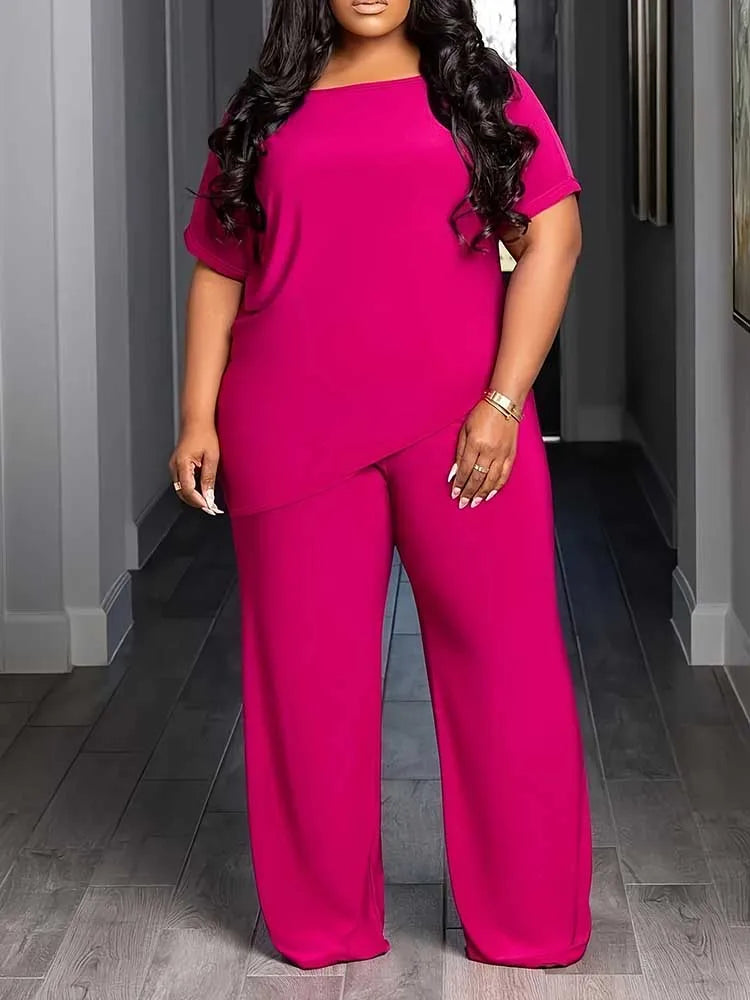 Plus Size Woman Clothing Summer Suit with Pants Casual Loose 2 Piece Sets Trousers and Top Solid Color Wholesale Dropshipping