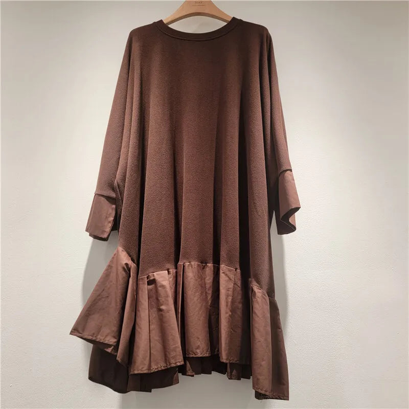 Autumn New Fashion Patchwork Contrast Color Dresses For Women Loose Elegant Mid-Length Dress Female Trendy 11A07718 Coffee One Size