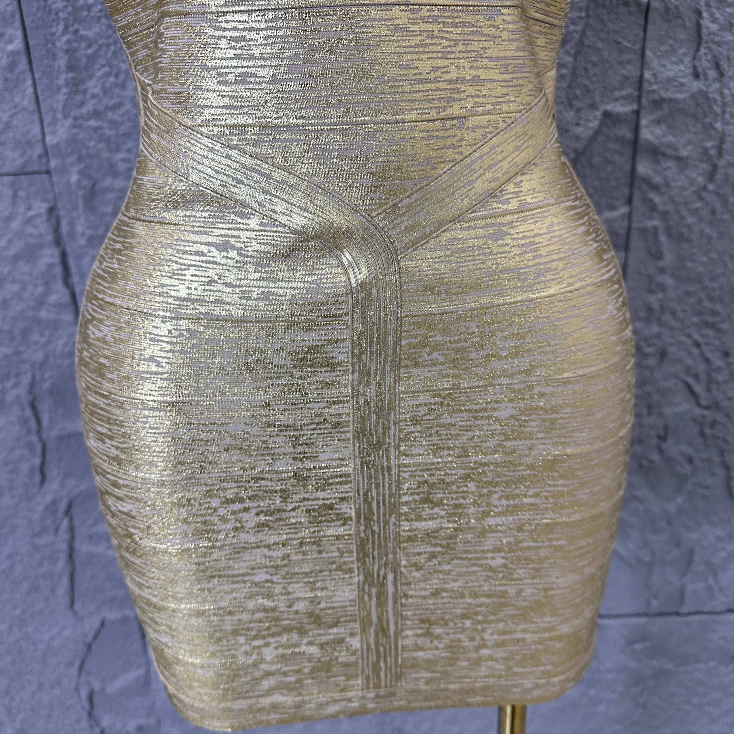 Elegant Gold Metallic Bandage Mini Dress Women Halter Neck Sweetheart Bodycon Formal Event Cocktail Party Costume
