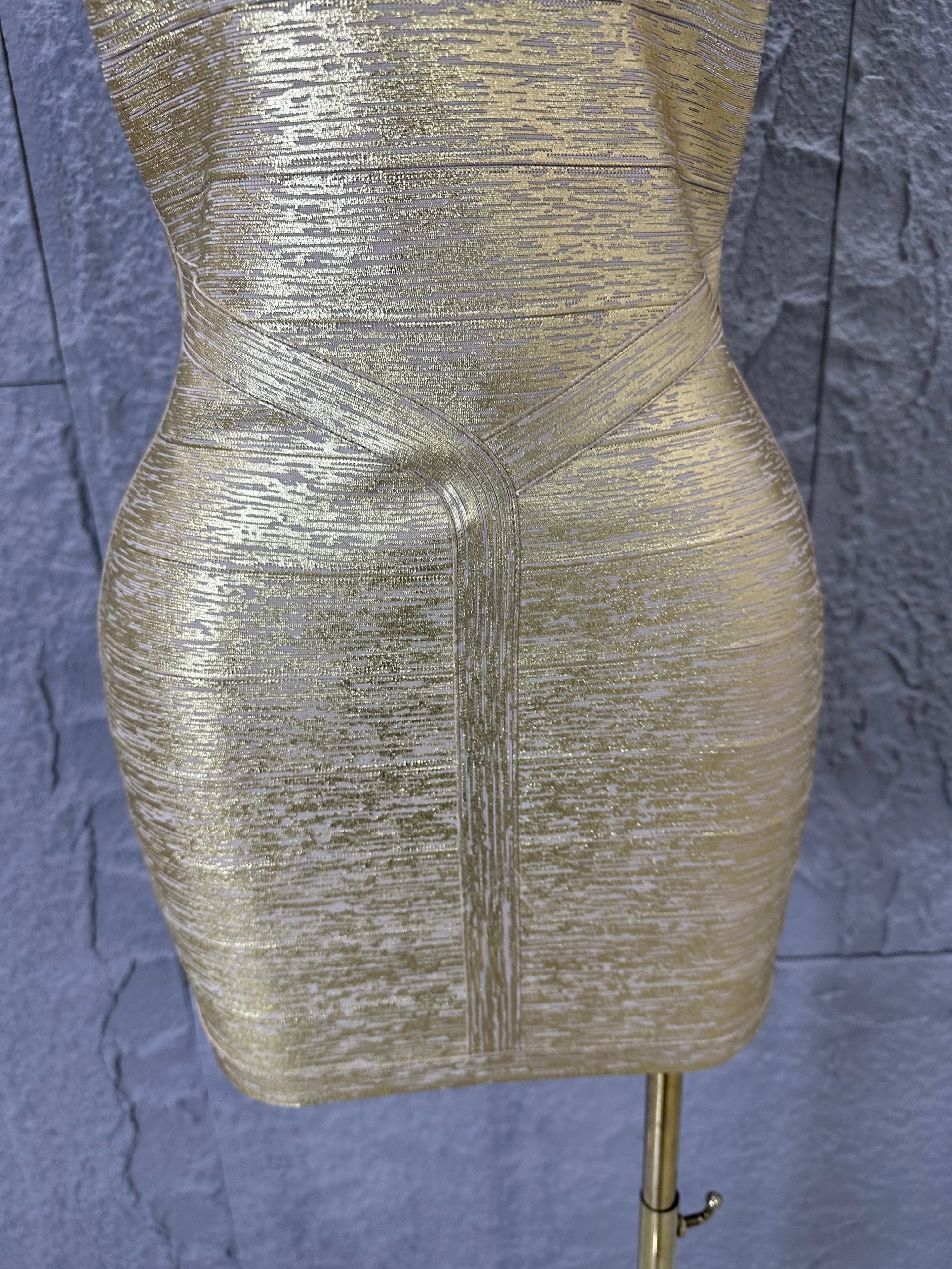 Elegant Gold Metallic Bandage Mini Dress Women Halter Neck Sweetheart Bodycon Formal Event Cocktail Party Costume
