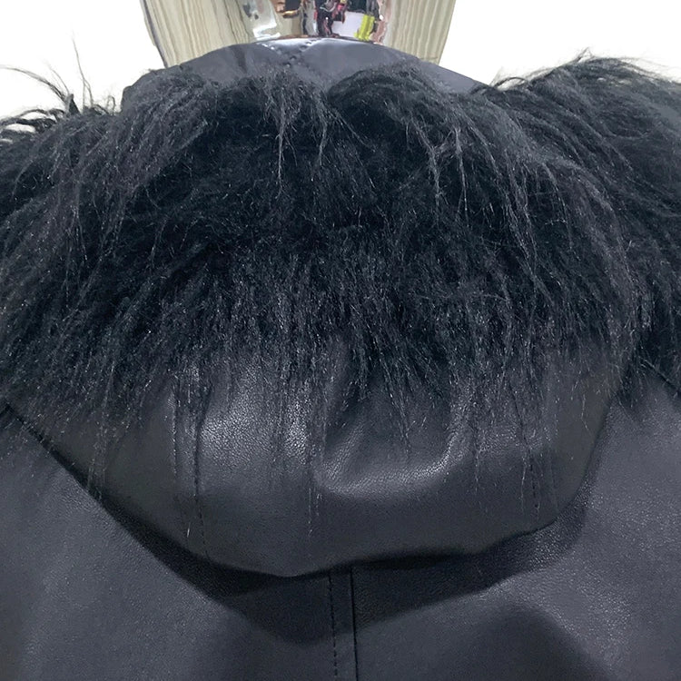 Mauroicardi Autumn Winter Short Oversized Black Warm Pu Leather Jacket Men with Faux Fur Trim Hood Loose Casual Korean Fashion