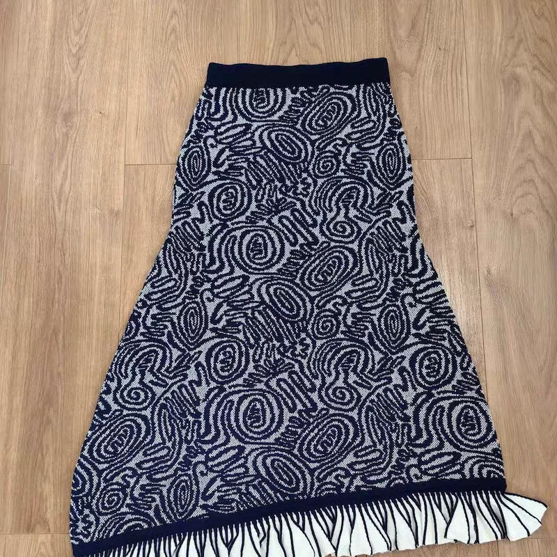 Women Retro Ruffles Edge Decoration Knitted Top+ Irregular Camisole+ Long Skirt