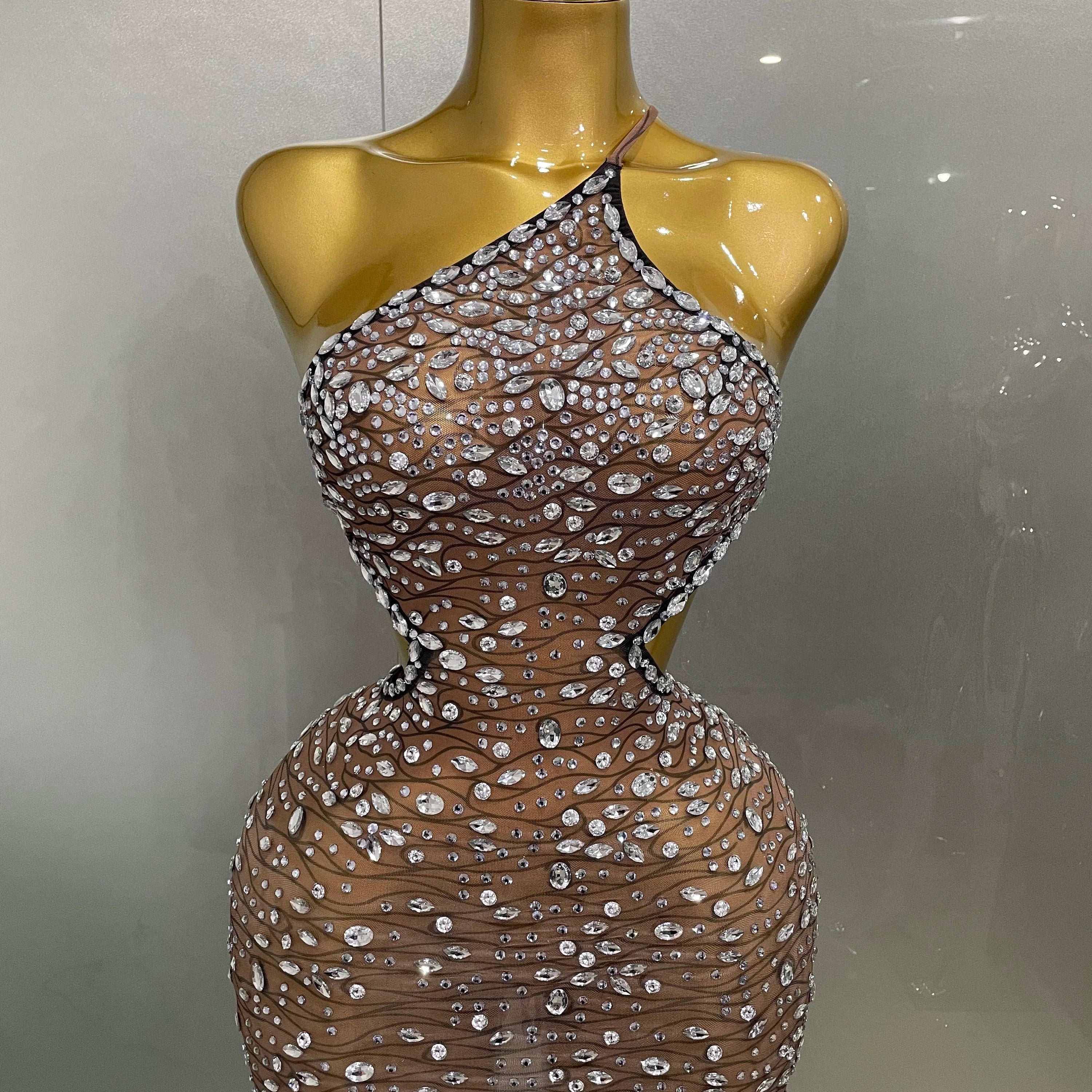 2025 New Sexy Shiny Diamond Hollow Out Backless Short Dress Women Evening Celebrate Prom Birthday Party Nightclub Stage Costume Dark Brown