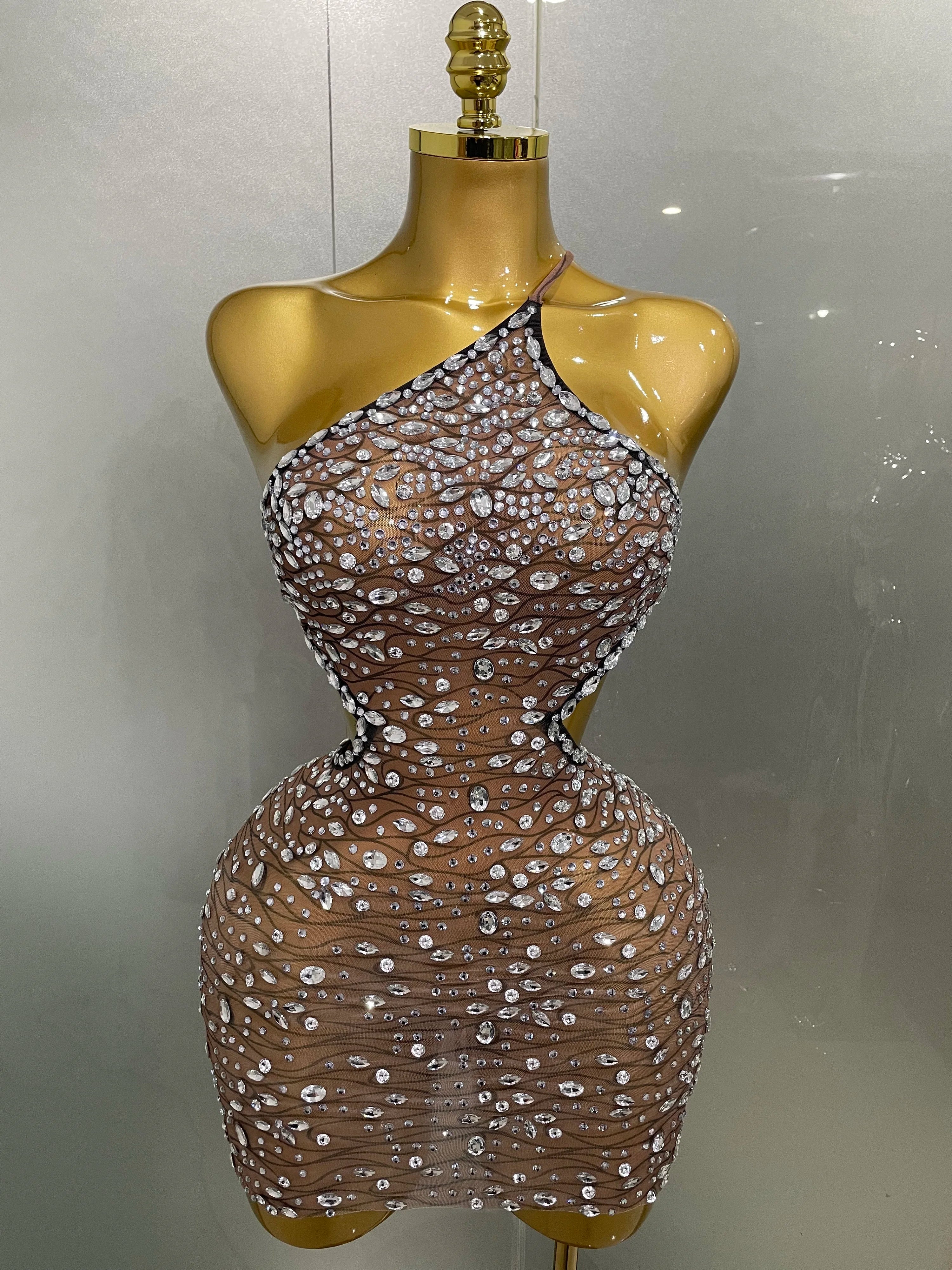 2025 New Sexy Shiny Diamond Hollow Out Backless Short Dress Women Evening Celebrate Prom Birthday Party Nightclub Stage Costume Dark Brown
