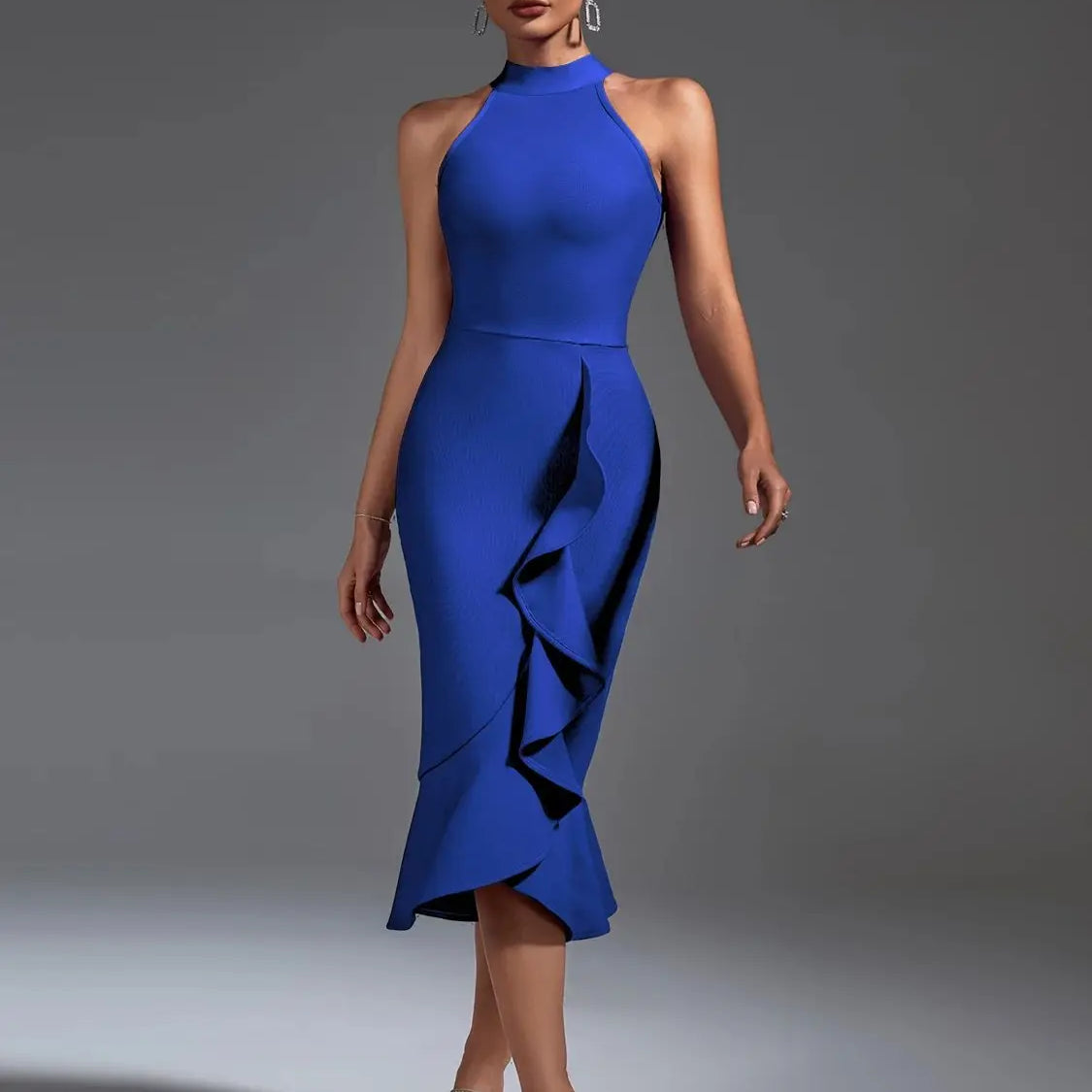 Black Bandage Dress Women Mdi Party Dress Bodycon Elegant Ruffle Mermaid Sexy Birthday Evening Club Outfits Blue