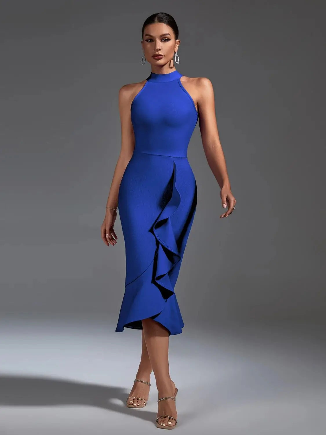 Black Bandage Dress Women Mdi Party Dress Bodycon Elegant Ruffle Mermaid Sexy Birthday Evening Club Outfits Blue