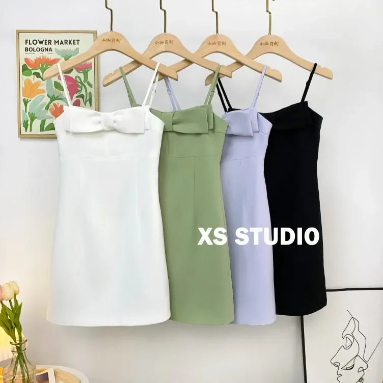 French New Female Sexy Bow Above Knee Suspender Dress Women's Summer Fashion Elegant Sleeveless A- Line High Waist Dress