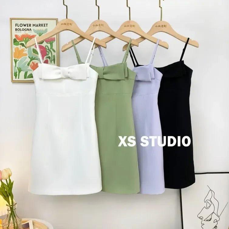 French New Female Sexy Bow Above Knee Suspender Dress Women's Summer Fashion Elegant Sleeveless A- Line High Waist Dress