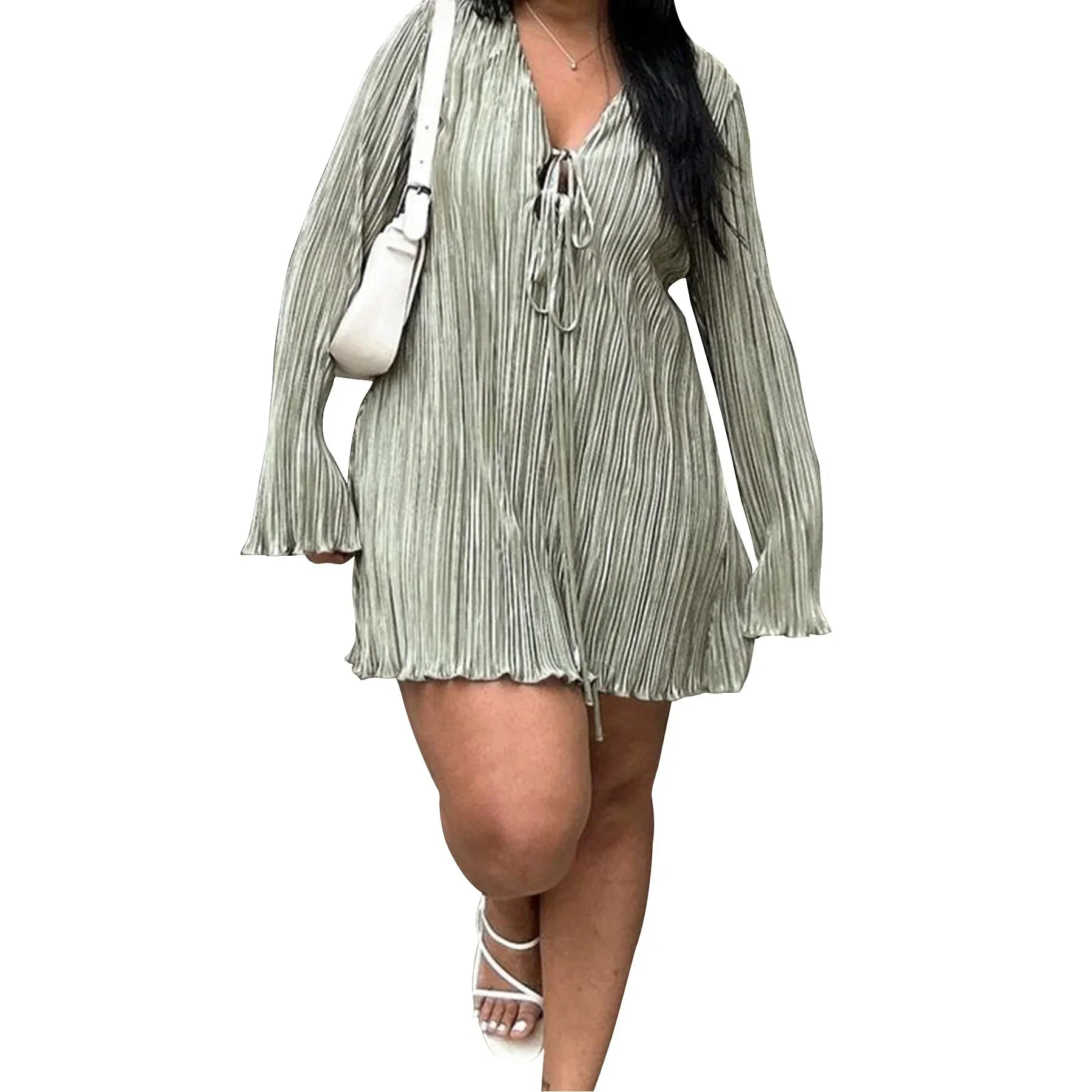 Long Sleeve Women V-neck Pleated Dress Casual Streetwear Plus Size Mini Dresses 2024 Autumn Slim Party Casual Green