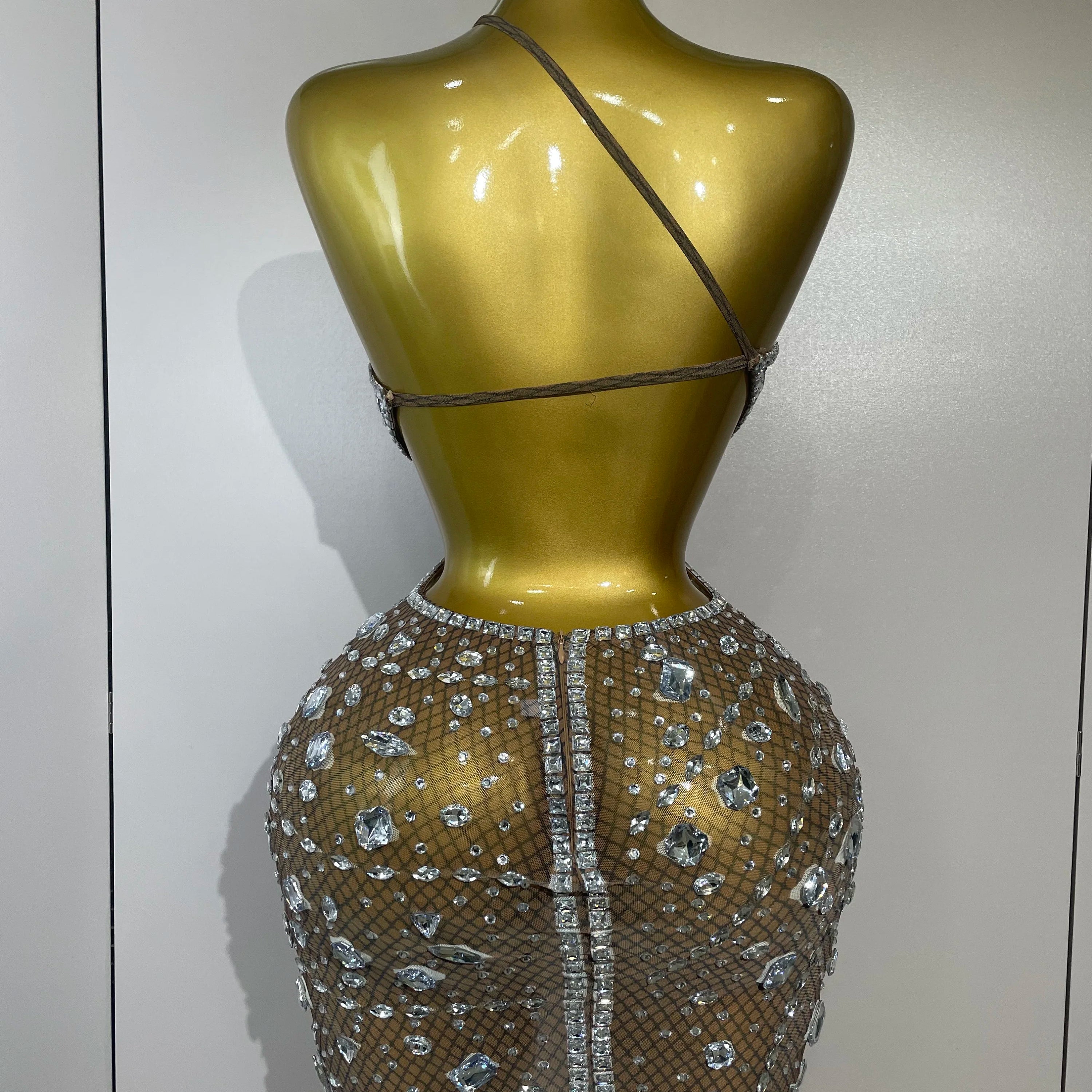 Stock Women Sparkly Big Crystal Sexy Off the Shoulder Mesh See Through Mini Dress Nightclub Party Celebrate Birthday Dress