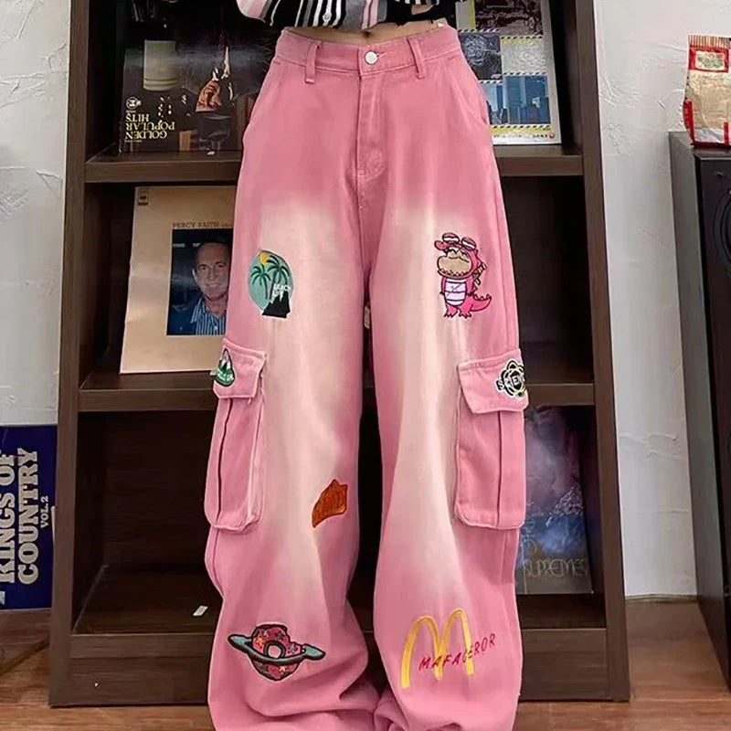 American Pink Cartoon Embroidered Baggy Cargo Mom Jeans for Women Spring New Waist Slimming Wide Leg Pants Trousers Female Pink