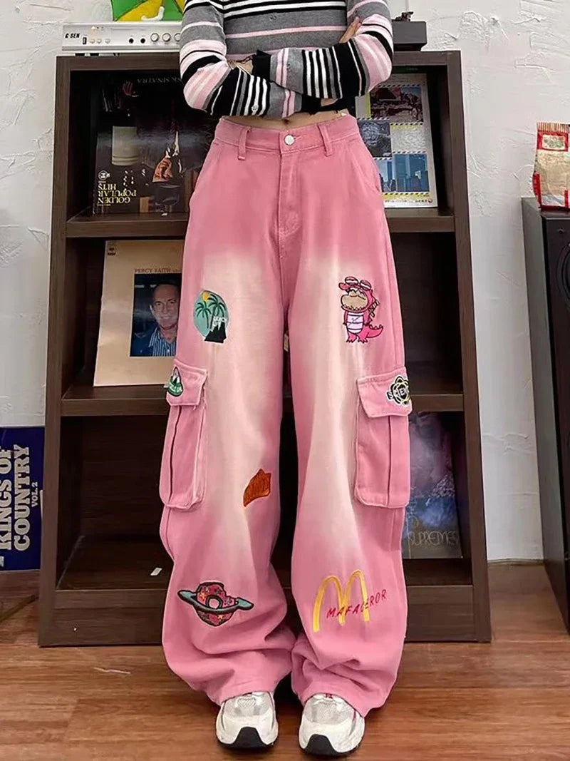 American Pink Cartoon Embroidered Baggy Cargo Mom Jeans for Women Spring New Waist Slimming Wide Leg Pants Trousers Female Pink
