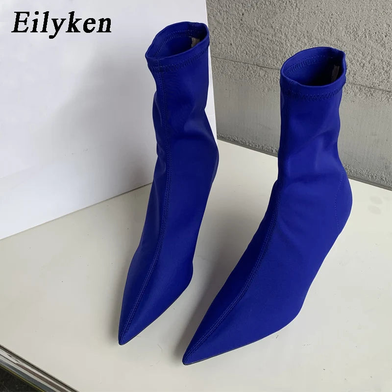Eilyken 2025 New Spring Autumn Stretch Fabric Women Ankle Boots Sexy Pointed Toe High Heels Fashion Female Socks Pumps Shoes Blue