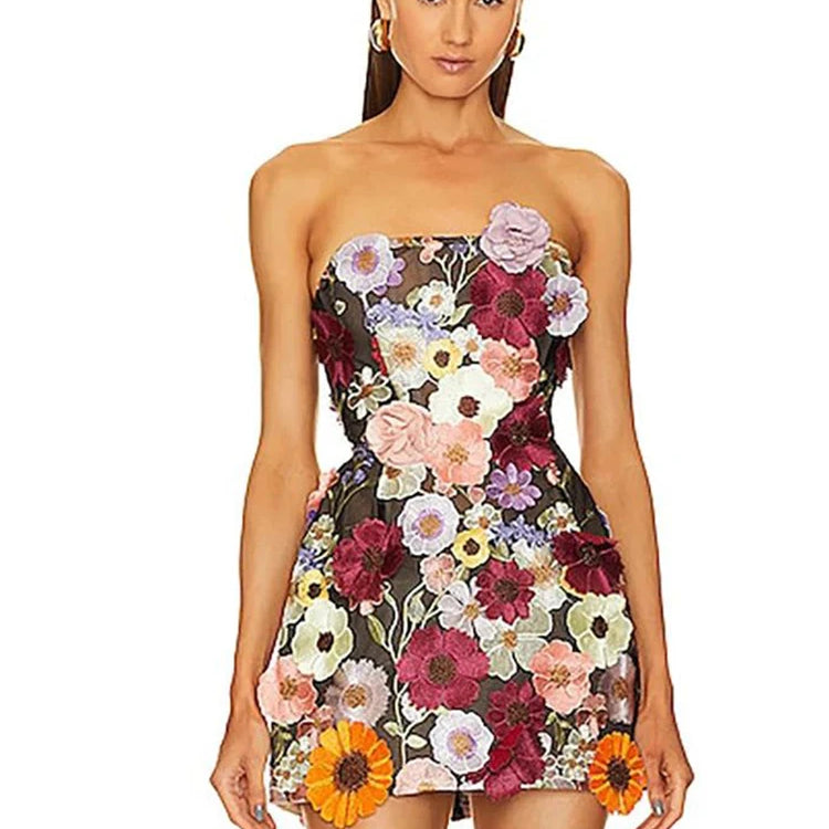 Pink Color Women Sexy Strapless Colorful Florals Bodycon Mini Dress Girls' Birthday Party Celebrate Vacation Dress