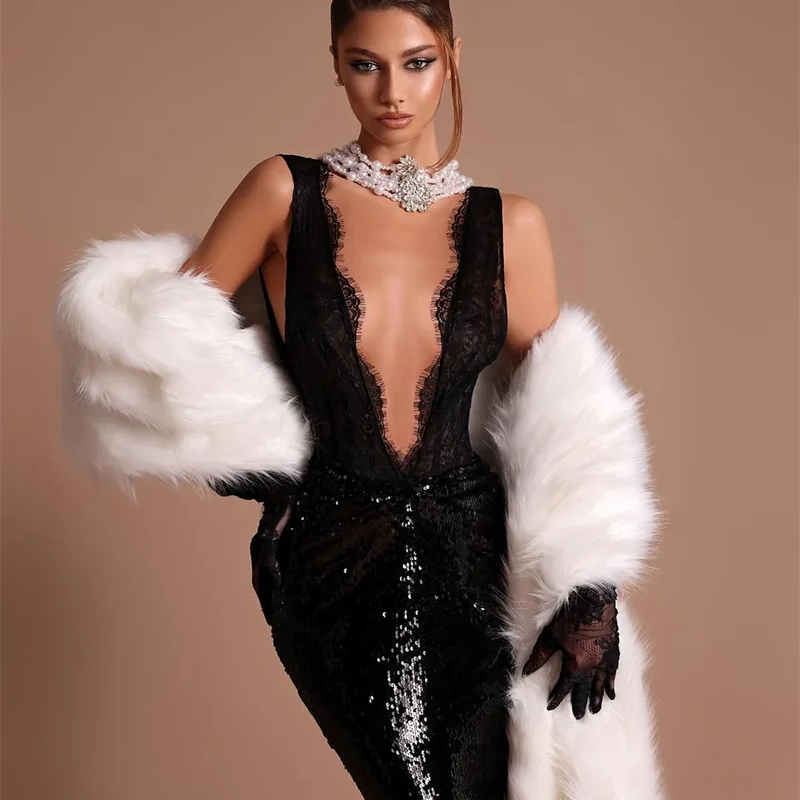 2025 Black Lace Patchwork Sequins Sexy V-Neck Mermaid Floor Length Dress Fashion Woman Party Dress Celebrity banquet Outfit