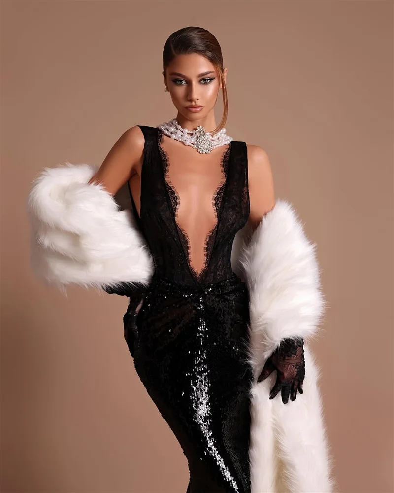 2025 Black Lace Patchwork Sequins Sexy V-Neck Mermaid Floor Length Dress Fashion Woman Party Dress Celebrity banquet Outfit