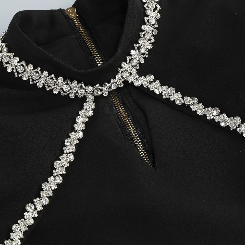 2025 Light Luxury Water Diamond Mini Dress Stand Collar Long Sleeve Bodycon Asymmetric Dress Cocktail Evening Club Party Vestido