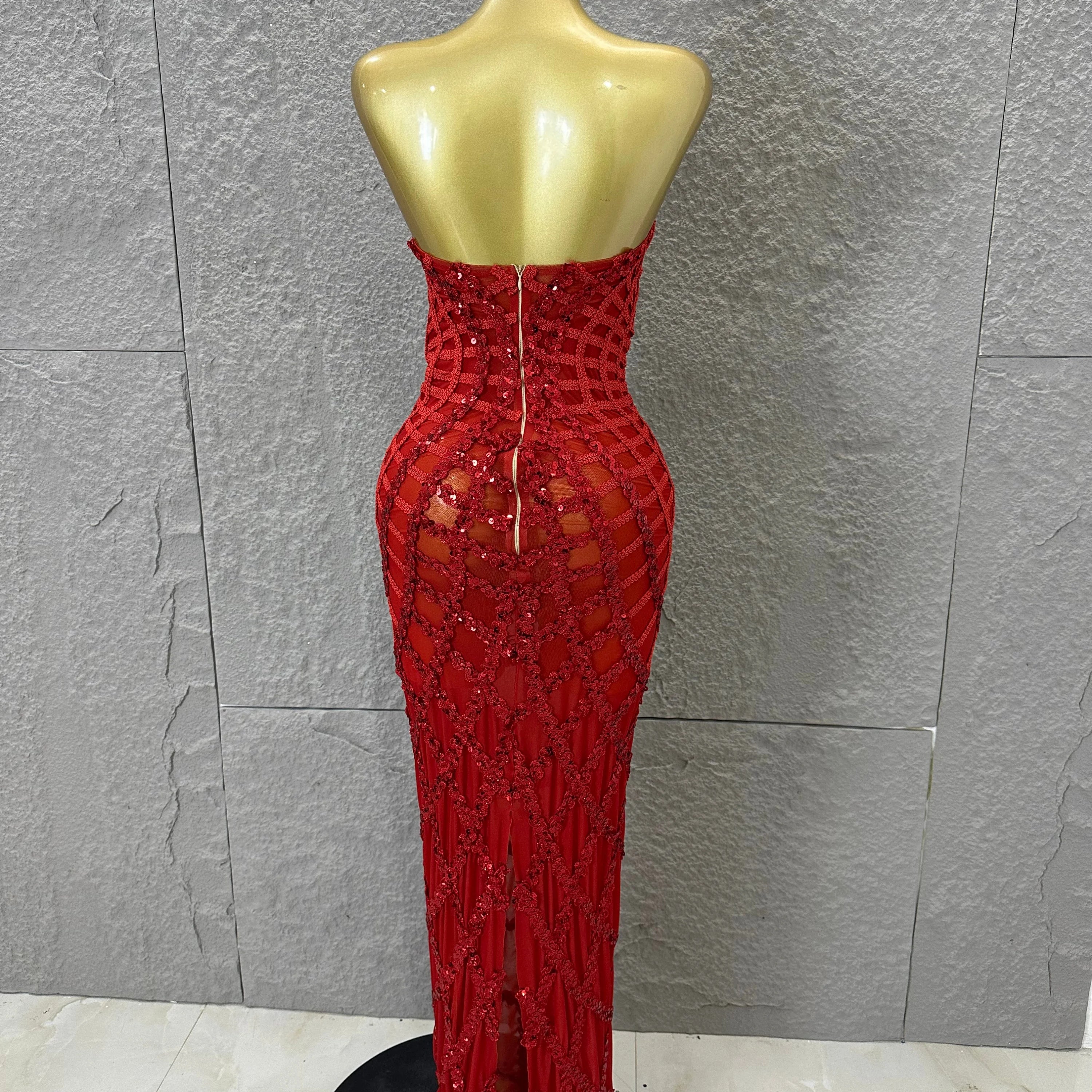 Elegant Sequined Sheer Mesh Maxi Dress Women Sexy Strapless 3D Grid Embellished Bodycon Mermaid Outfit Stage Performance Costume