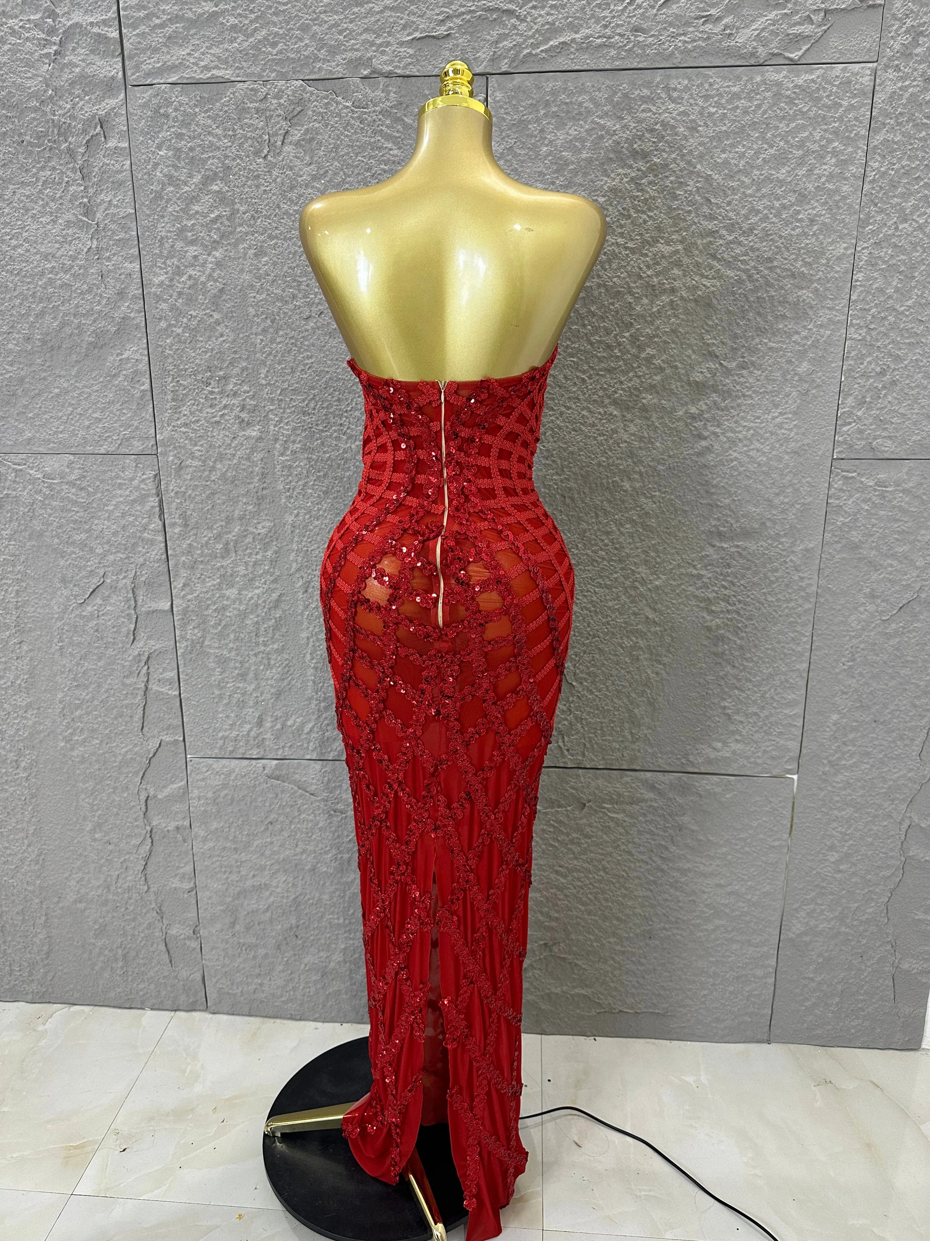 Women Sexy Strapless 3D Grid Embellished Bodycon Mermaid Outfit Stage Performance CostumeElegant Sequined Sheer Mesh Maxi Dress