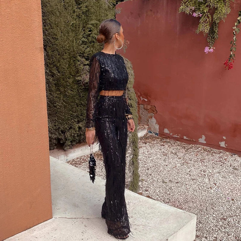 Tassel Sequin Women 2 Piece Set Autumn Silver Bright Silk O-neck Crop Tops Wide Leg Pants Female Suit Fashion Street Lady Sets