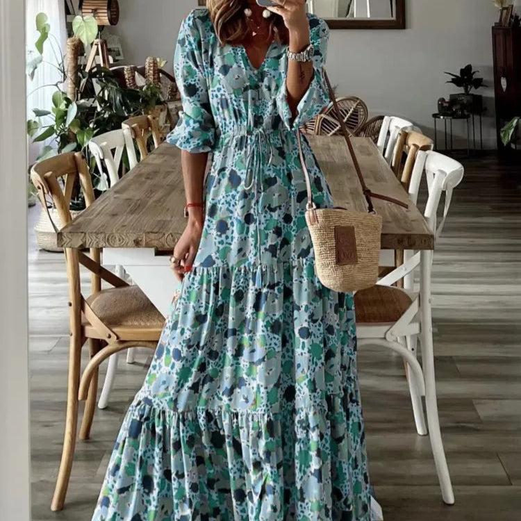 Spring Autumn Flower Print Long Dresses For Women Casual Holiday A-line Beach Dress Fashion Elegant Bohemian Style Maxi Vestidos