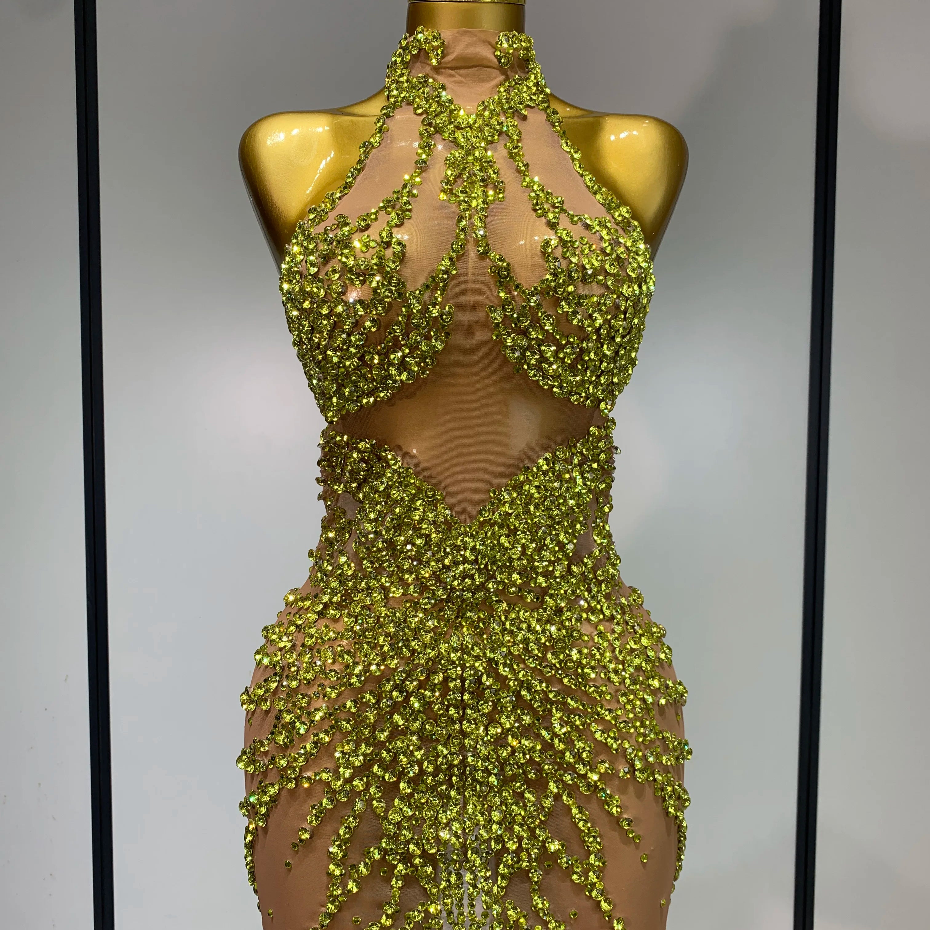 Luxury Rhinestones Mesh Transparent Prom Mini Dress Shinny Women Birthday Celebrate Party Prom Nightclub Outfit Stage Costume Gold