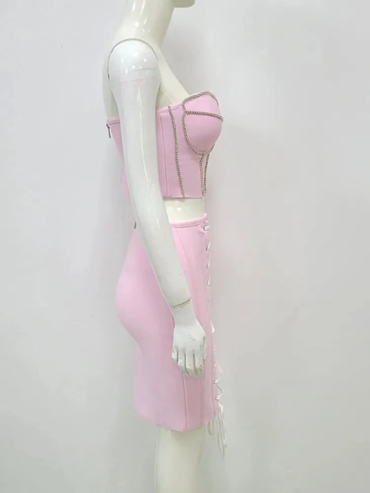 Women Summer Sexy Strapless Lace Diamonds Pink Mini Bandage Skirt Set Knitted Elegant Evening Cocktail Party Dresses